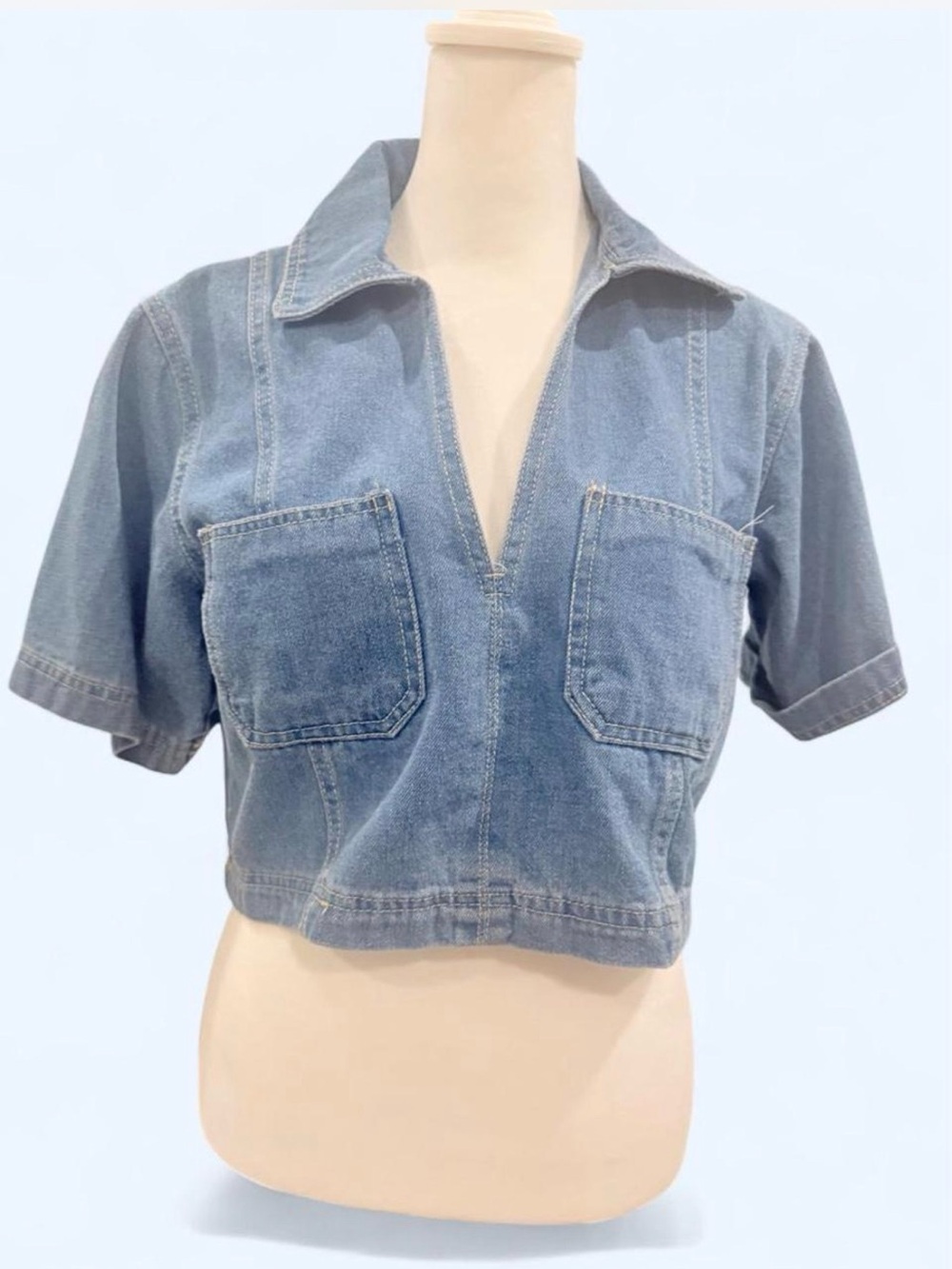 Source Unknown Denim Cropped Polo Top - Light Blue